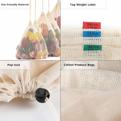 ISO9003 Reusable Fruit And Veg Bags , SMETA Biodegradable Cotton Mesh Grocery Bags