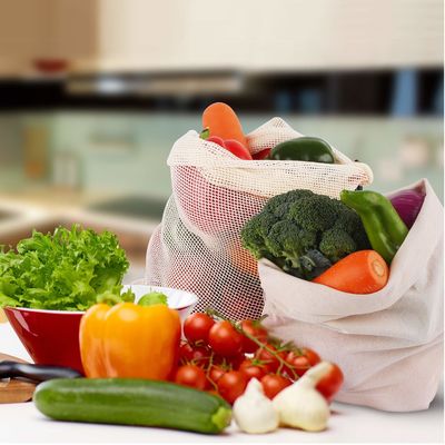 ISO9006 Biodegradable Organic Cotton Drawstring Bags Reusable Mesh Produce Bags BRC
