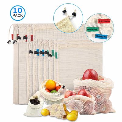 ISO9006 Biodegradable Organic Cotton Drawstring Bags Reusable Mesh Produce Bags BRC