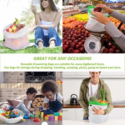 ISO9000 BSCI Mesh Drawstring Pouch , AQL Reusable Produce Bags For Grocery Shopping