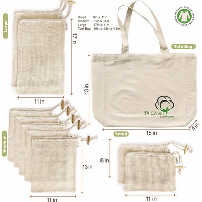 ISO9000 SGS Organic Cotton Drawstring Bags Reusable Mesh Produce Bags 40cm