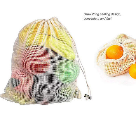 ISO9003 Reusable Fruit And Veg Bags , SMETA Biodegradable Cotton Mesh Grocery Bags